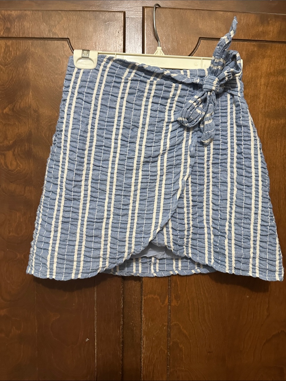 Lost + Wander Blue and White Striped Wrap Mini-Skirt with Tie Closure at the Hip
